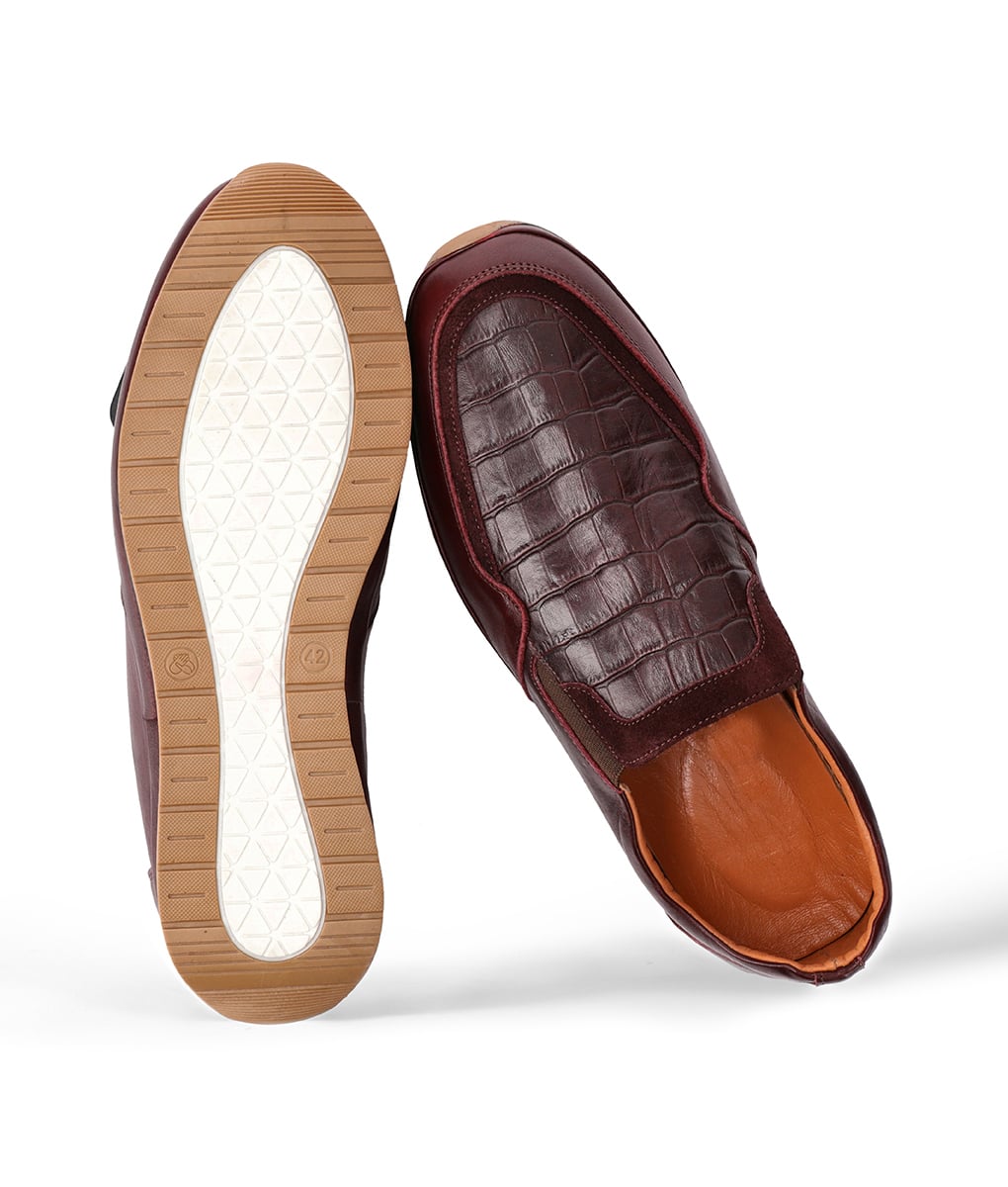 Men's Burgundy Leather Crocodile Style Casual Slip-on Loafers