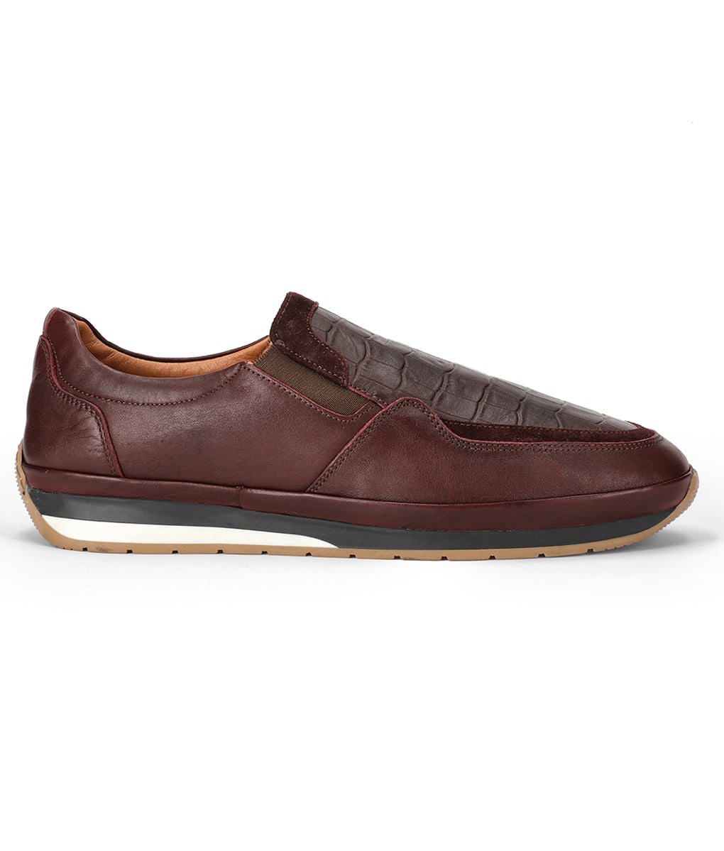Men's Burgundy Leather Crocodile Style Casual Slip-on Loafers