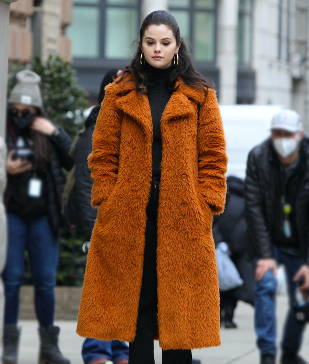 Only Murders in the Building Selena Gomez Burnt Orange Fur Coat