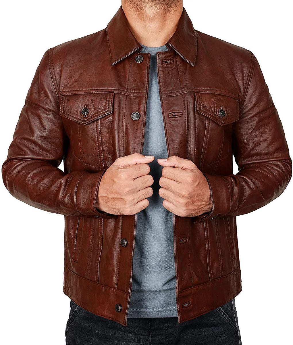 Owen Men's Brown Vintage Classic Leather Trucker Jacket
