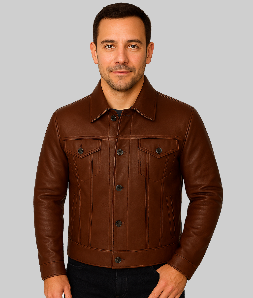 Owen Men's Brown Vintage Classic Leather Trucker Jacket-FrontView