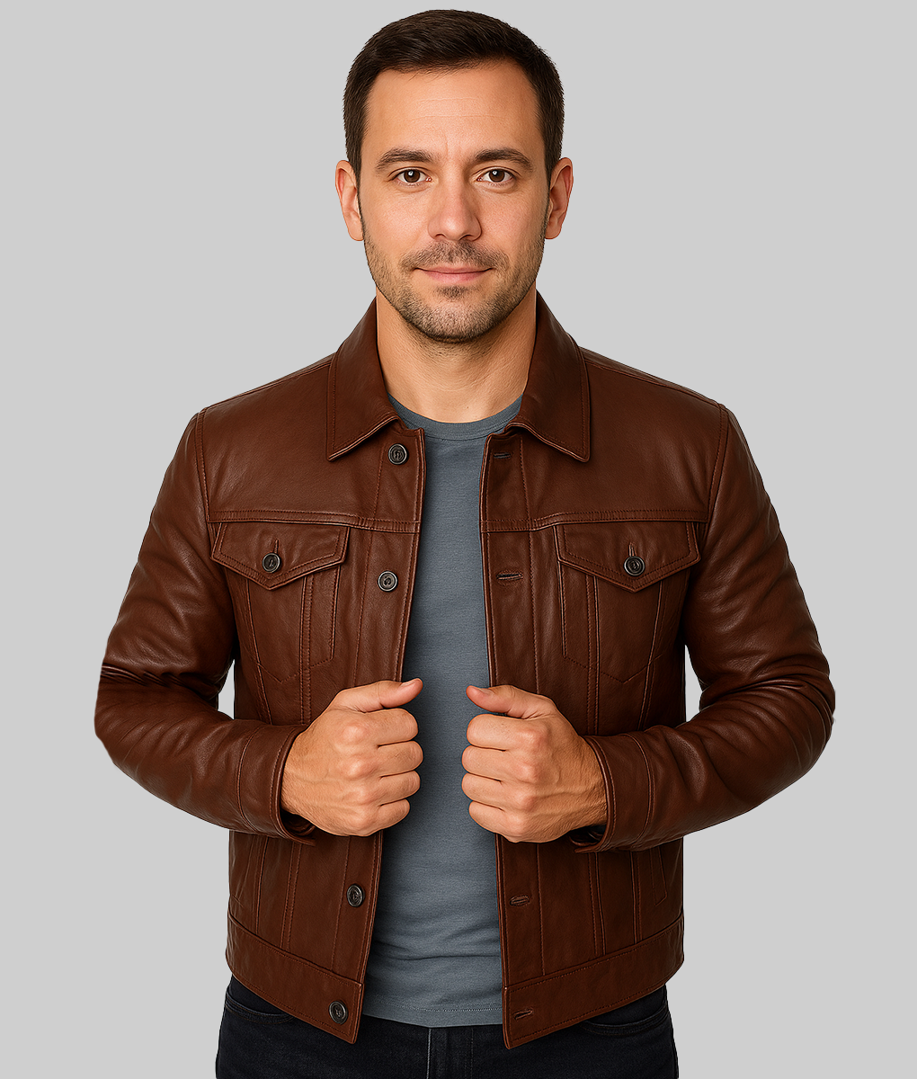 Owen Men's Brown Vintage Classic Leather Trucker Jacket-FrontView1