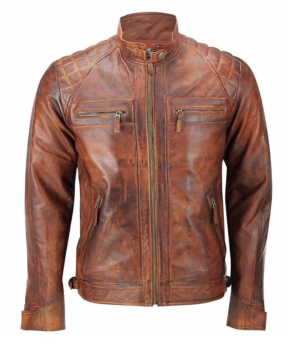 Quentin Men's Brown Distressed Quilted Leather Racer Jacket