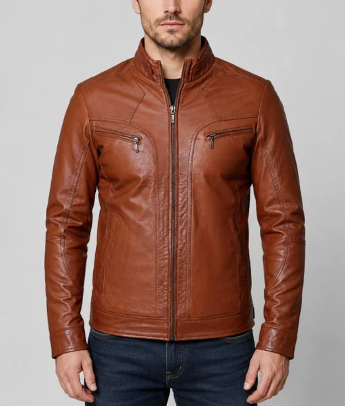 Reid Men’s Brown Classic Rider Cafe Racer Leather Jacket - Front