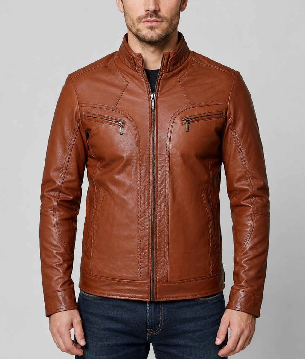 Reid Men&rsquo;s Brown Classic Rider Cafe Racer Leather Jacket - Front