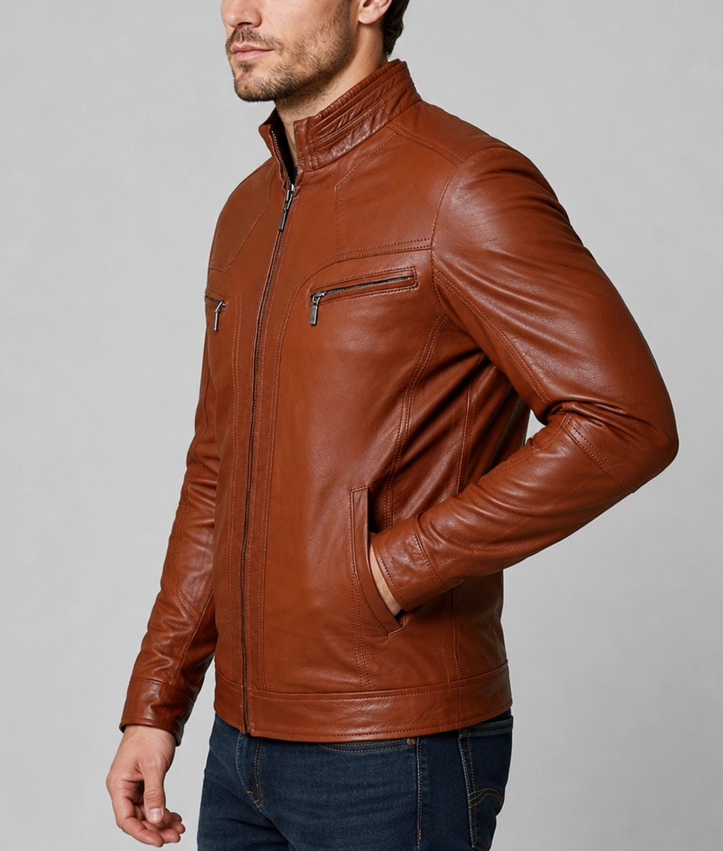 Reid Men&rsquo;s Brown Classic Rider Cafe Racer Leather Jacket - Side