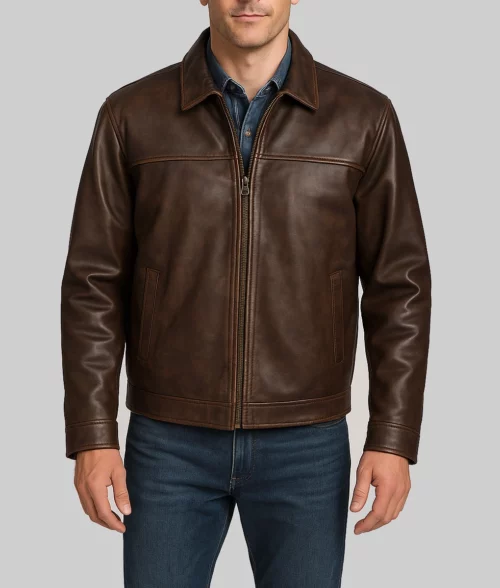Roman Men's Brown Western Ranch Leather Jacket-Front View