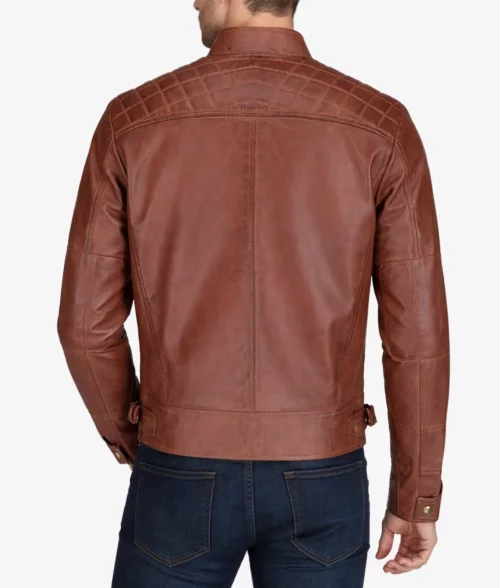 Sam Men’s Brown Cafe Racer Quilted Biker Leather Jacket - Back
