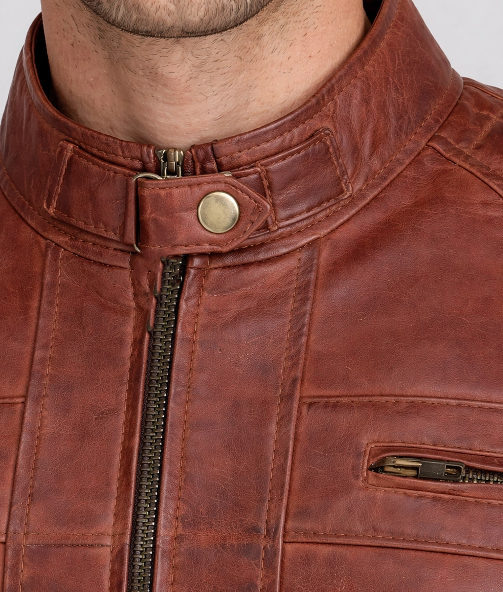 Sam Men’s Brown Cafe Racer Quilted Biker Leather Jacket - Collar