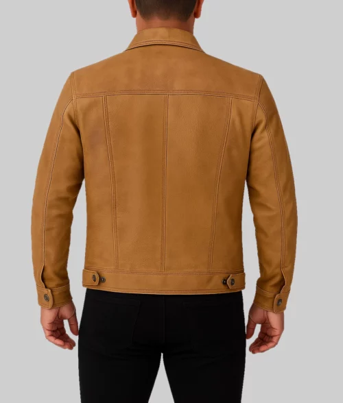 Scott Men's Camel Brown Distressed Vintage Leather Trucker Jacket-Back View