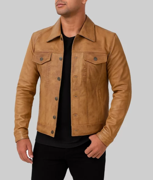 Scott Men's Camel Brown Distressed Vintage Leather Trucker Jacket-Front View