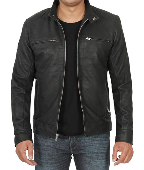 Terry Men's Black Classic Cafe Racer Leather Jacket