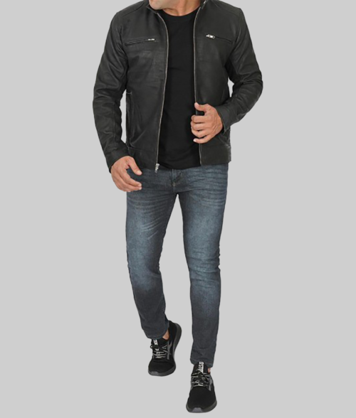Alternative view of Terry Men's Black Classic Cafe Racer Leather Jacket