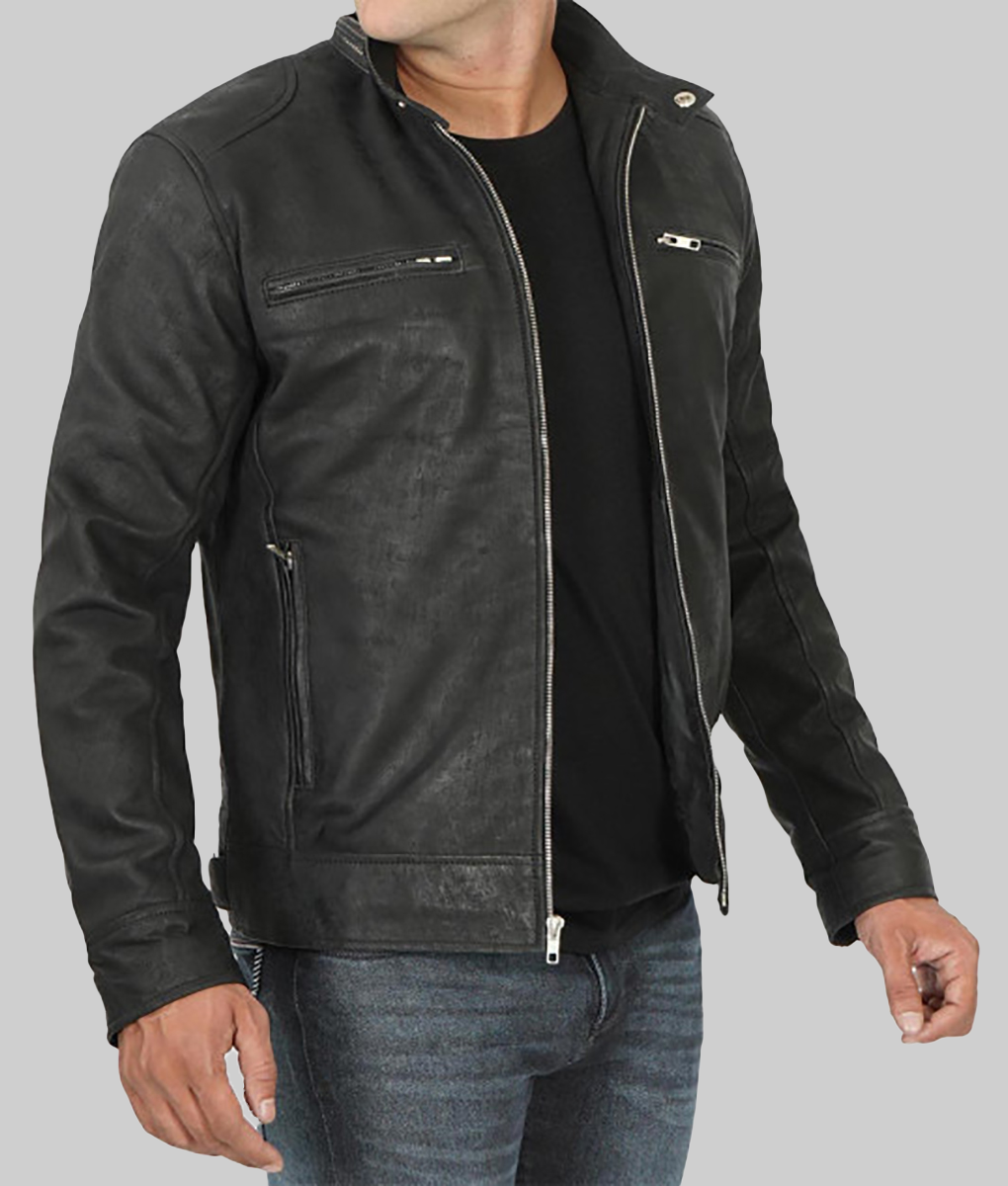 Terry Men's Black Classic Cafe Racer Leather Jacket-Sideview
