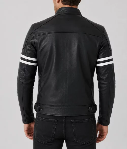 Theo Men's Black Stylish Striped Leather Cafe Racer - Back