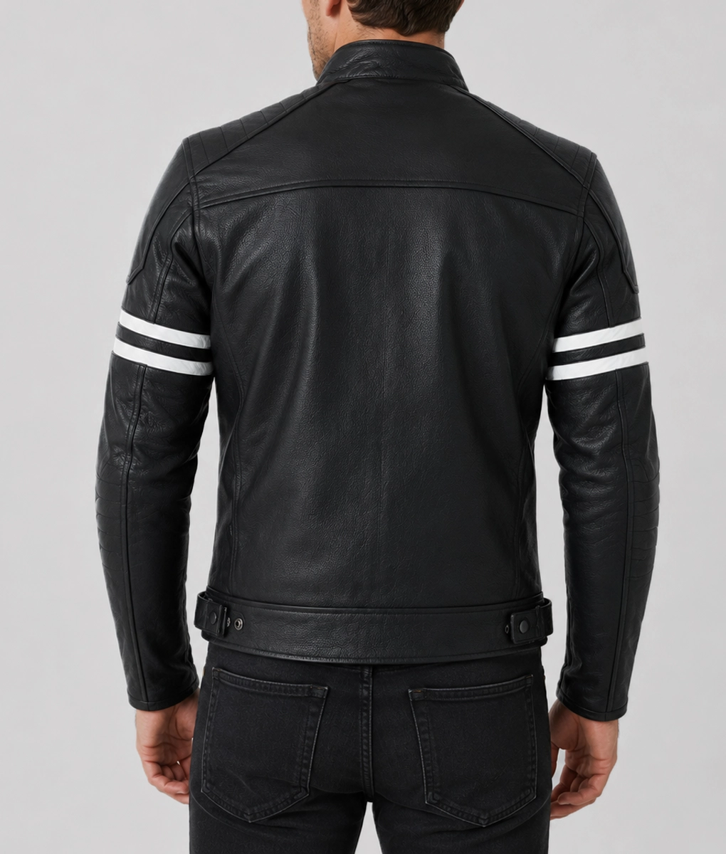 Theo Men's Black Stylish Striped Leather Cafe Racer - Back