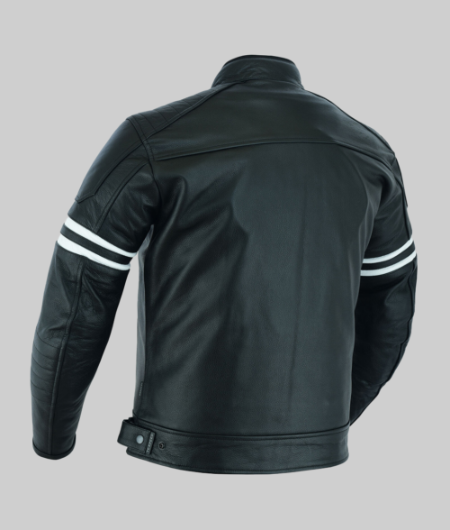 Theo Men's Black Stylish Striped Leather Cafe Racer Jacket-BackView