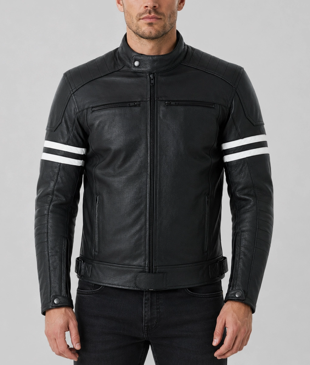 Theo Men's Black Stylish Striped Leather Cafe Racer Jacket - Front