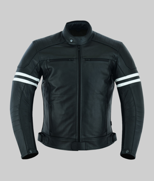 Theo Men's Black Stylish Striped Leather Cafe Racer Jacket-FrontView