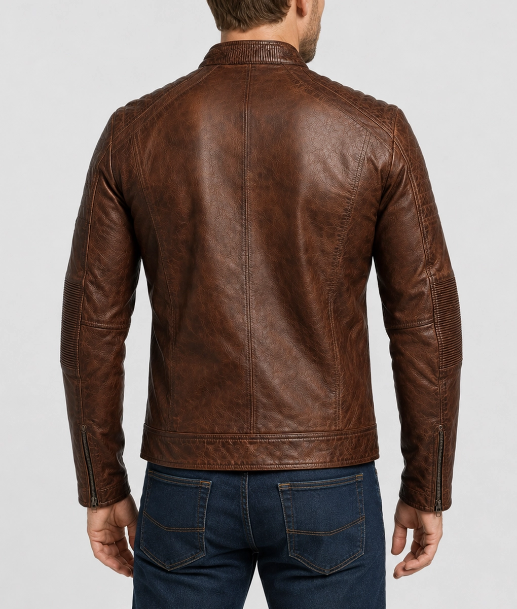 Victor Men's Brown Distressed Vintage Leather Cafe Racer Jacket - Back