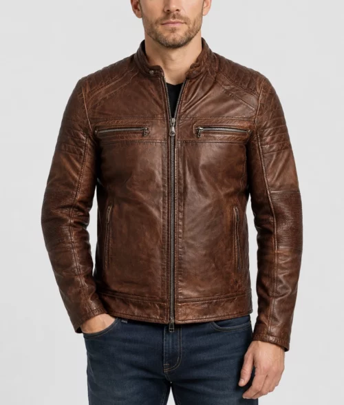 Victor Men's Brown Distressed Vintage Leather Cafe Racer Jacket - Front