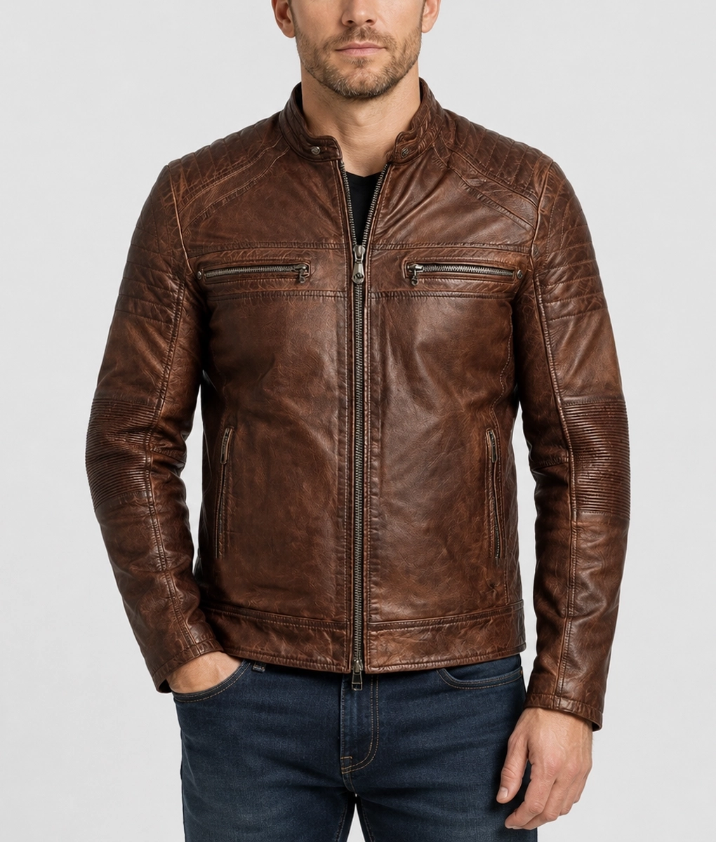 Victor Men's Brown Distressed Vintage Leather Cafe Racer Jacket - Front