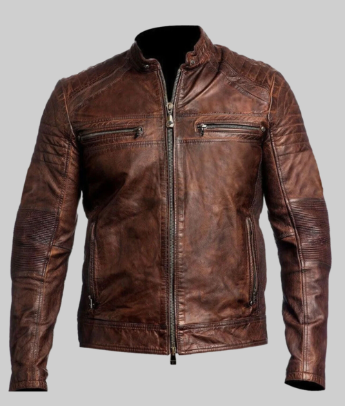 Victor Men's Brown Distressed Vintage Leather Cafe Racer Jacket-FrontView