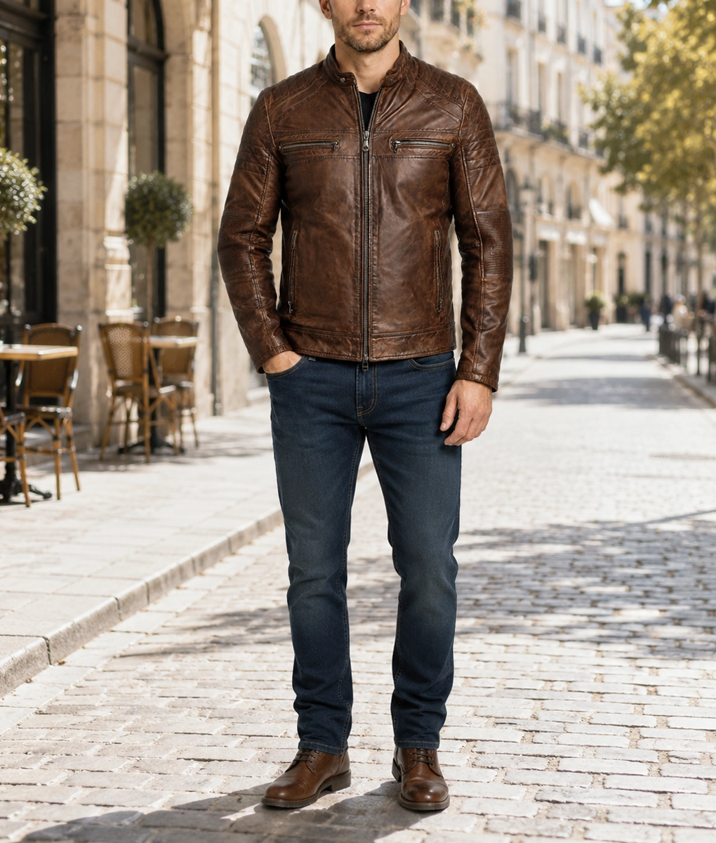 Victor Men's Brown Distressed Vintage Leather Cafe Racer Jacket - Full 1