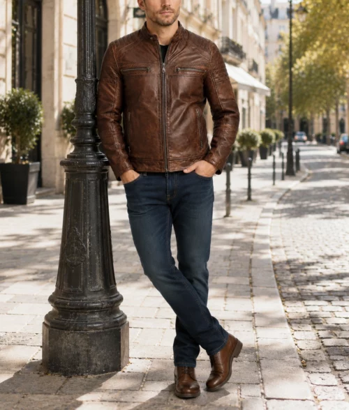 Victor Men's Brown Distressed Vintage Leather Cafe Racer Jacket - Full 2