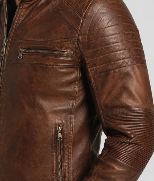 Victor Men's Brown Distressed Vintage Leather Cafe Racer Jacket - Shoulder