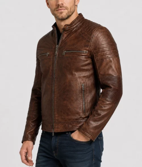 Victor Men's Brown Distressed Vintage Leather Cafe Racer Jacket - Side