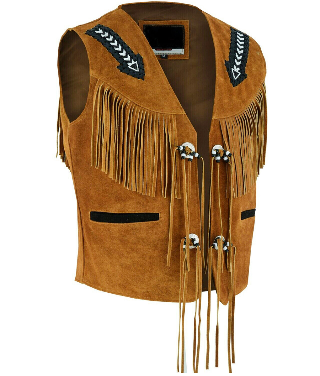 FRINGE VEST SET SUEDE JACKET ブラウンM Virgil Men's Tan Brown Fringe Western Cowboy V-Neck Suede Vest