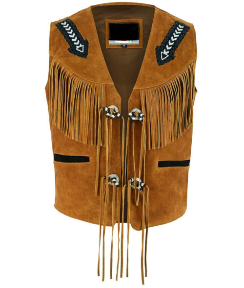 Virgil Men's Tan Brown Fringe Western Cowboy V-Neck Suede Vest