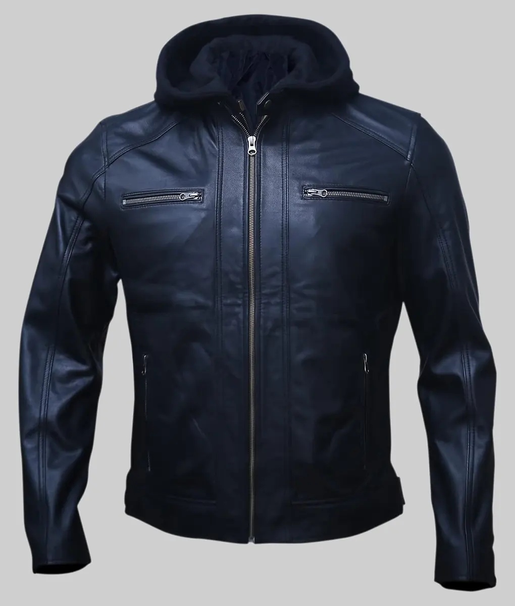 Wallace Men's Black Hooded Cafe Racer Leather Jacket