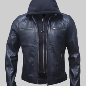 Wallace Men's Black Hooded Cafe Racer Leather Jacket