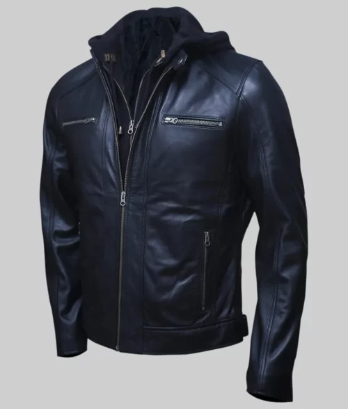 Wallace Men's Black Hooded Cafe Racer Leather Jacket