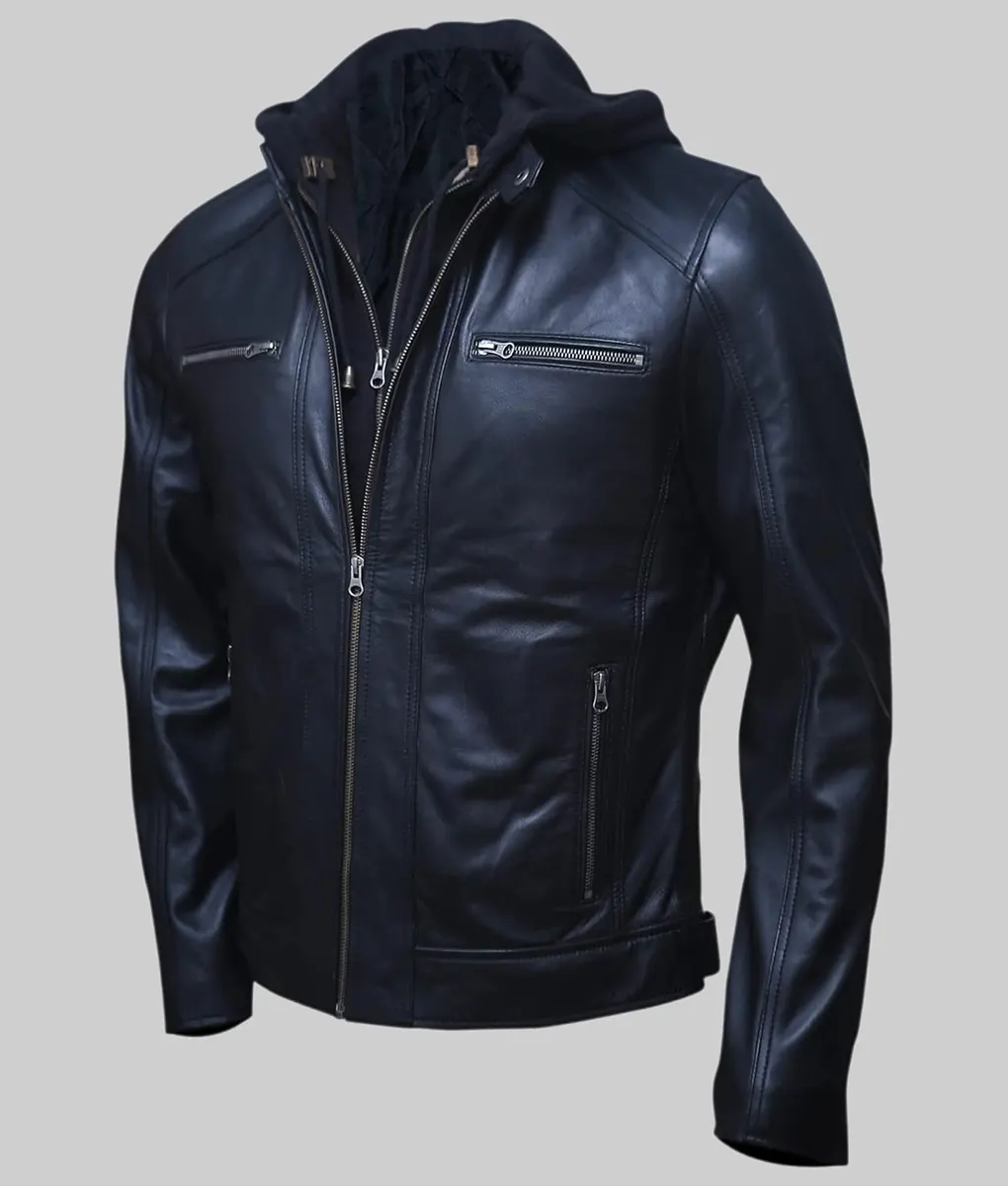 Wallace Men's Black Hooded Cafe Racer Leather Jacket