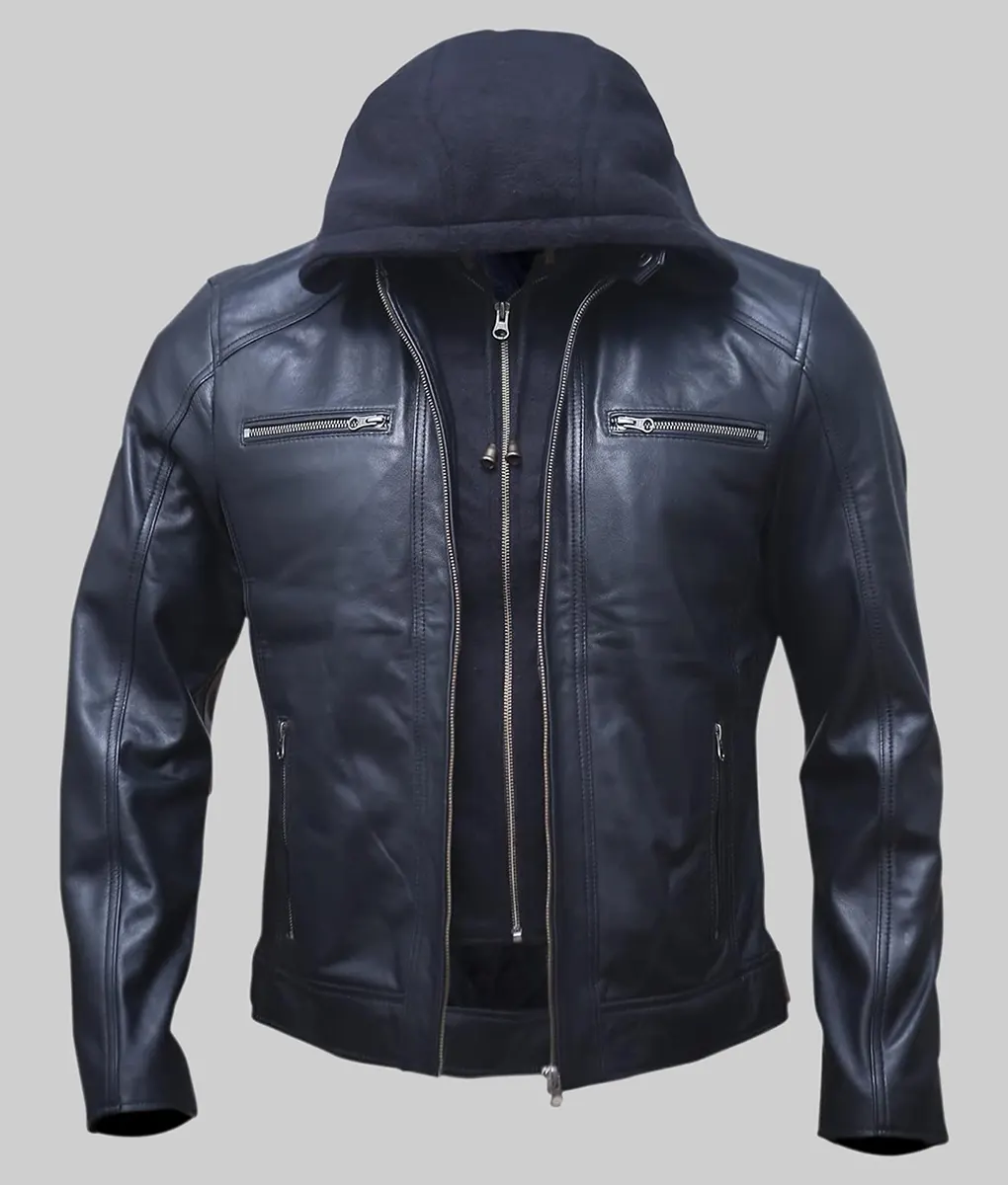 Wallace Men's Black Hooded Cafe Racer Leather Jacket