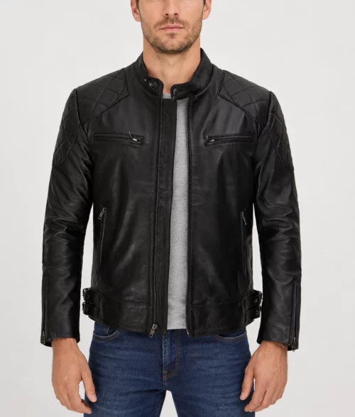 Wesley Men’s Black Quilted Rugged Leather Cafe Racer Jacket - Front