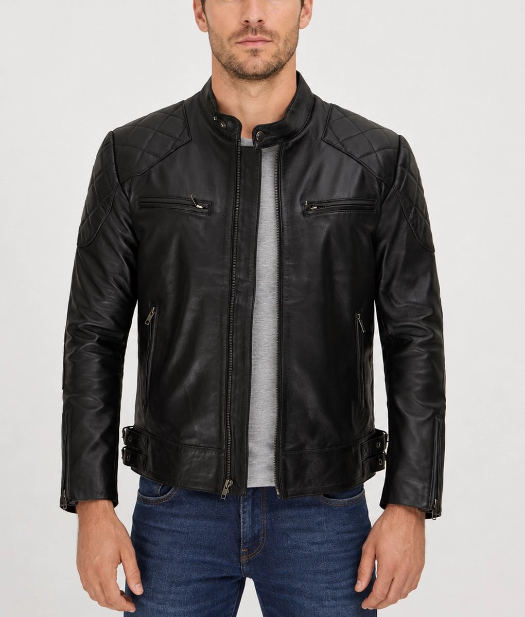 Wesley Men&rsquo;s Black Quilted Rugged Leather Cafe Racer Jacket - Front