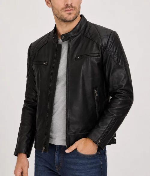 Wesley Men’s Black Quilted Rugged Leather Cafe Racer Jacket - Side