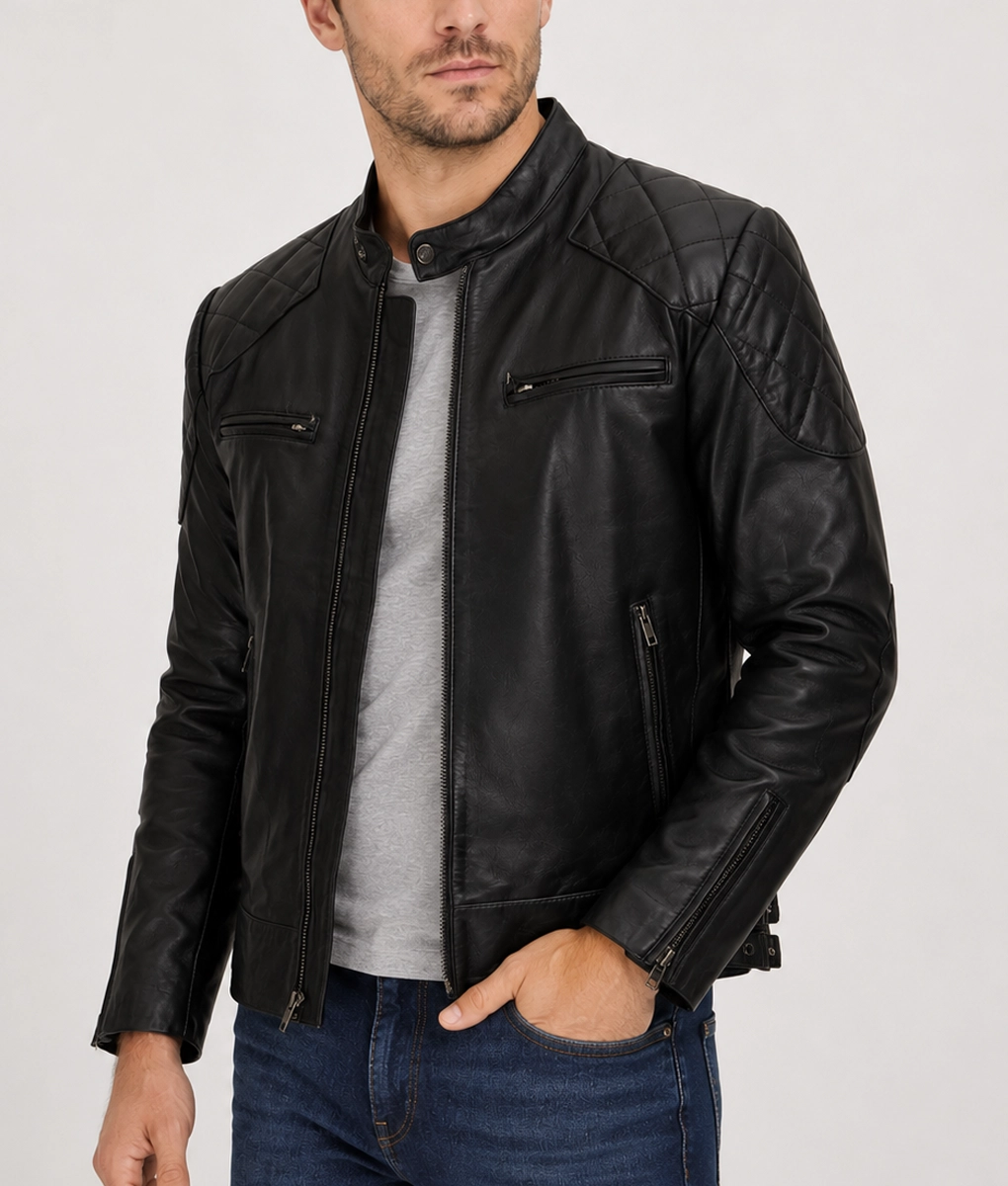 Wesley Men&rsquo;s Black Quilted Rugged Leather Cafe Racer Jacket - Side