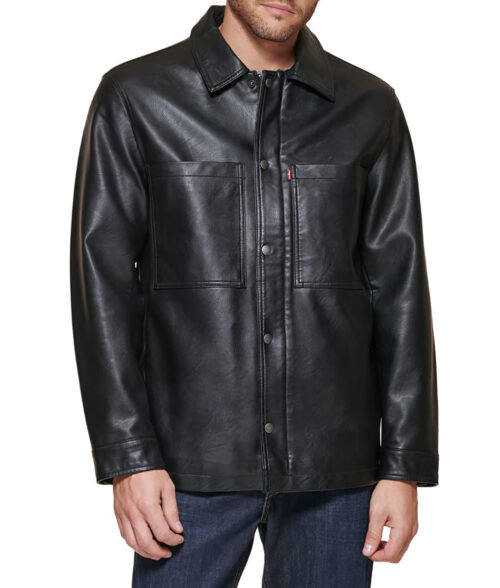 Xavier Men's Black Boxy Relaxed Leather Trucker Jacket