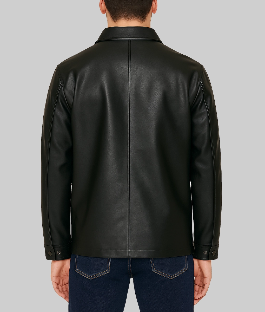 期間限定A LEATHER【NEW】TRUCKER JACKET 50 ovy Xavier Men's Black Boxy Relaxed Leather Trucker Jacket