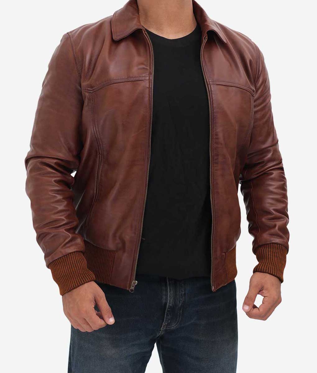 Zavier Men's Tan Shirt Collar Leather Bomber Jacket