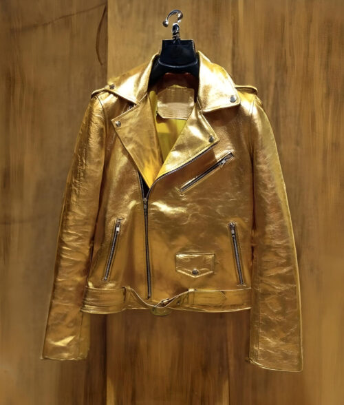 Asymmetrical Bikers Gold Leather Jacket