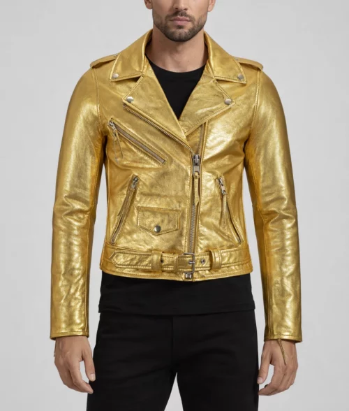 Men's Bikers Gold Leather Jacket-3