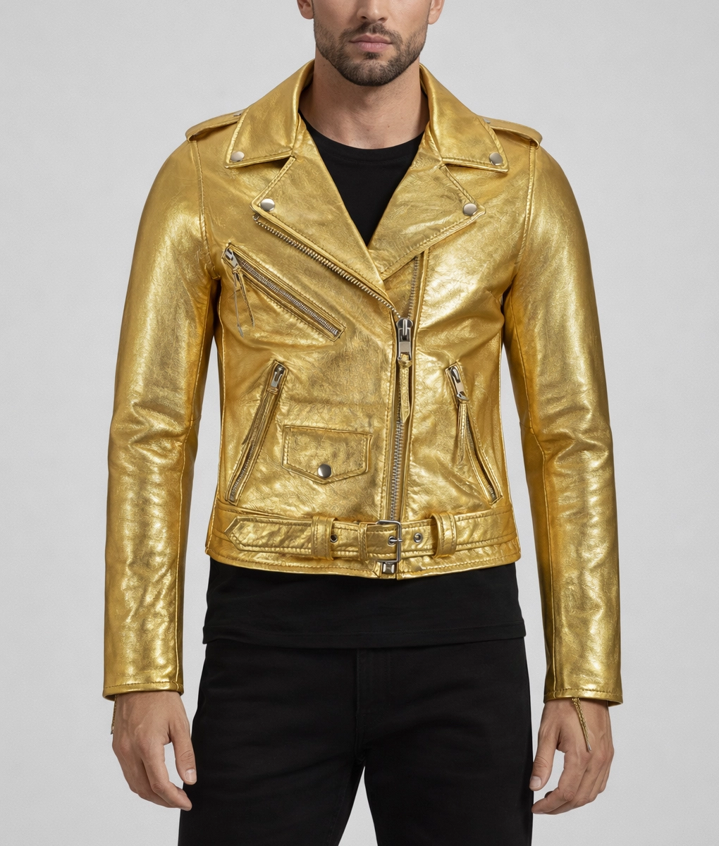 Men's Bikers Gold Leather Jacket-3