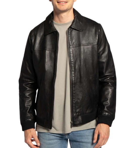 Mens Black Leather Bomber Jacket - Mens Leather Bomber Jacket | Men's Leather Jacket - Front View