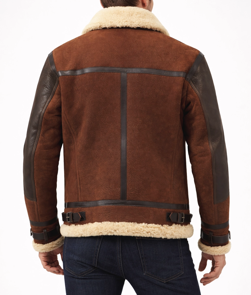 Cairo Men&rsquo;s Brown Leather Shearling Aviator Jacket - Back